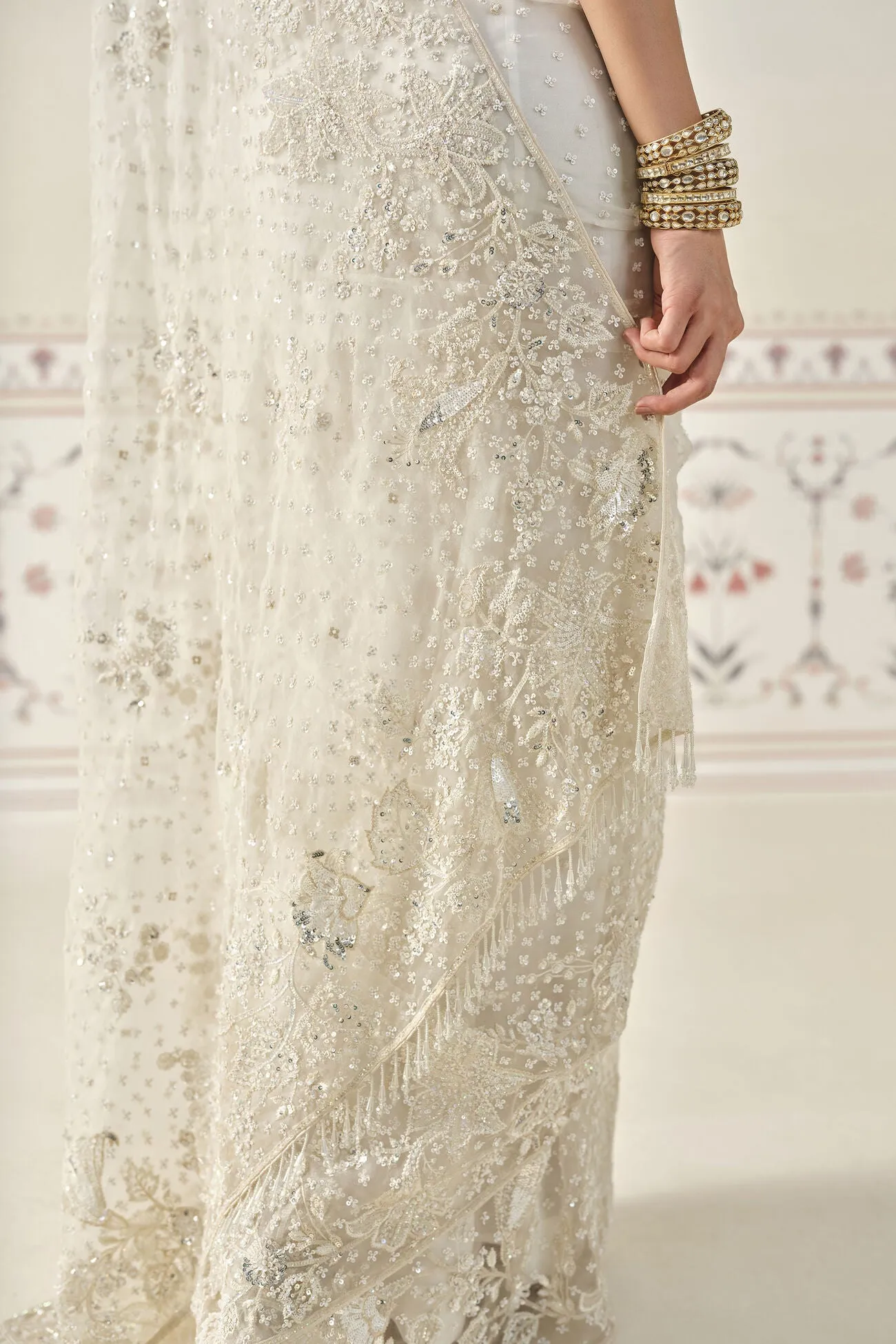 Bhama Embroidered Saree Set - Ivory