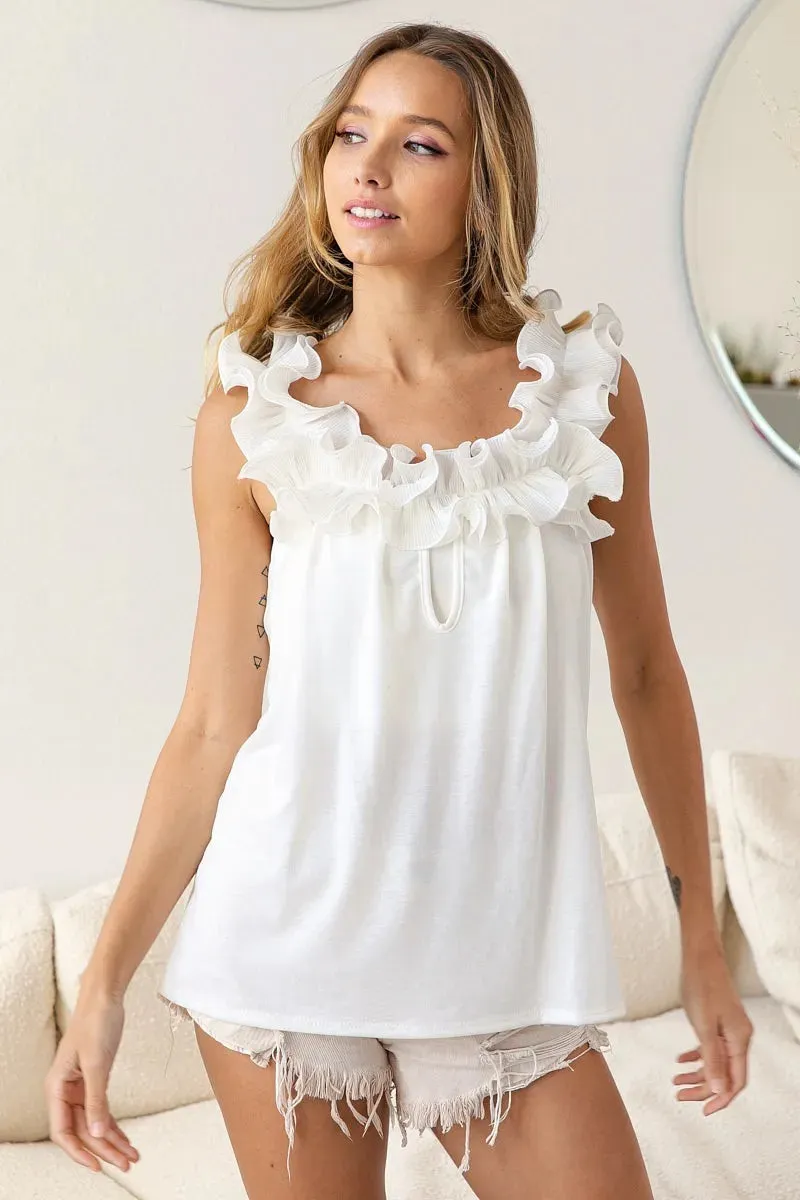 BiBi French Terry Knit Ruffled Trim Banded Top