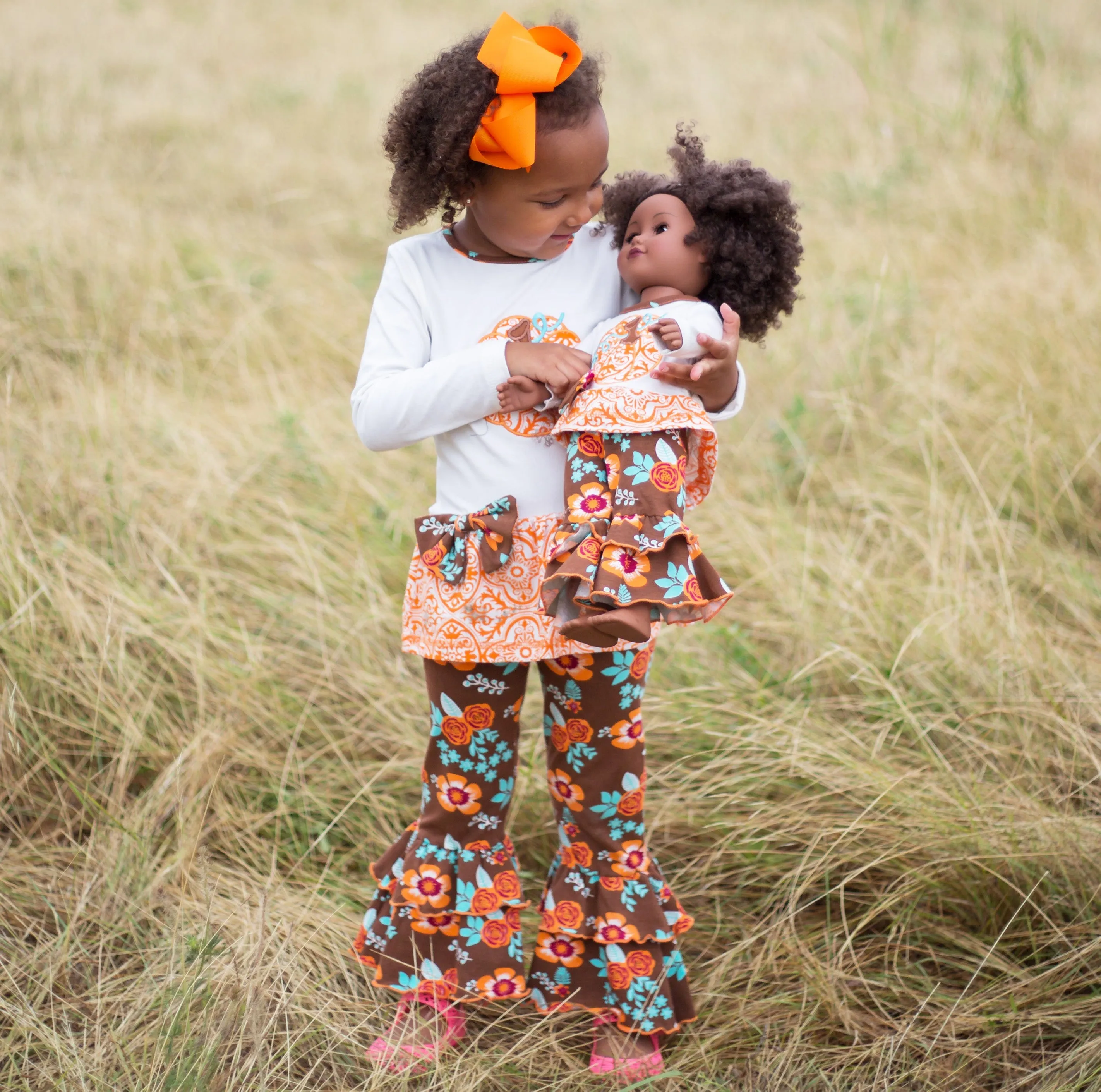 Big Girls Orange Pumpkin Autumn Floral Thanksgiving Tunic & Ruffle Pants Outfit