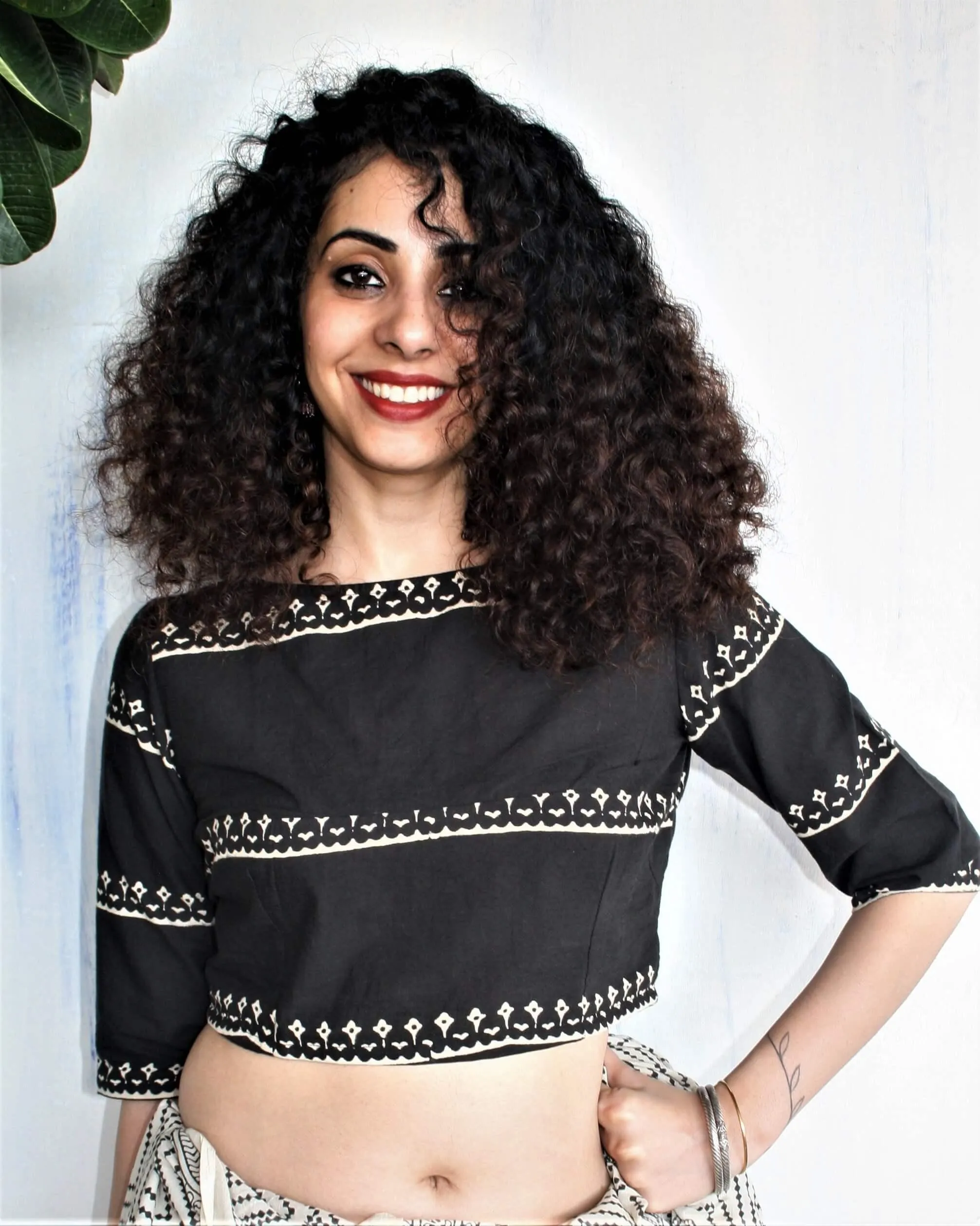 Black Blockprinted Crop Top Cotton Blouse