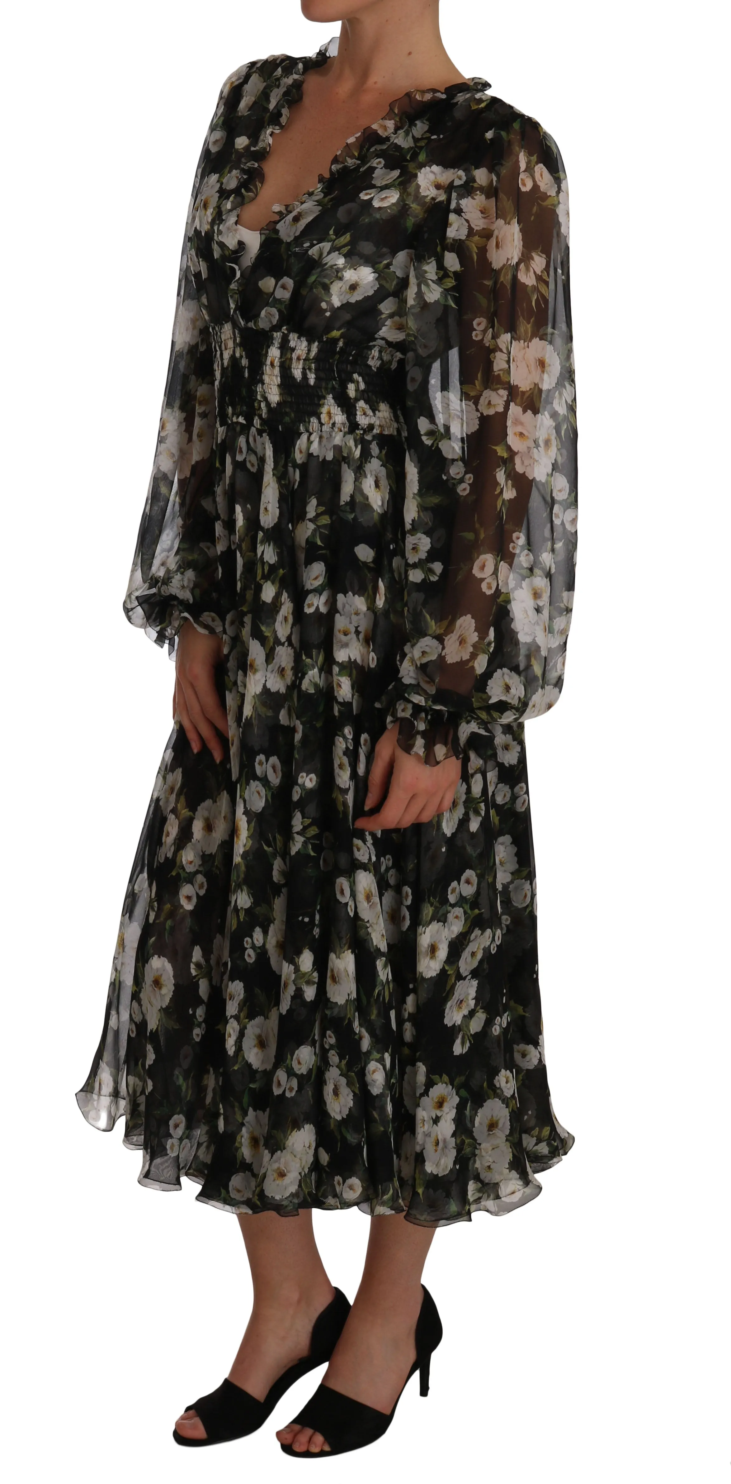 Black Daisy Floral Silk Shift A-Line Dress