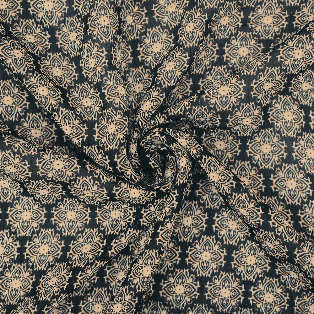 Black-Gold-Multi Medallion Print Poly Metallic Stripe Yoryu Chiffon Fabric