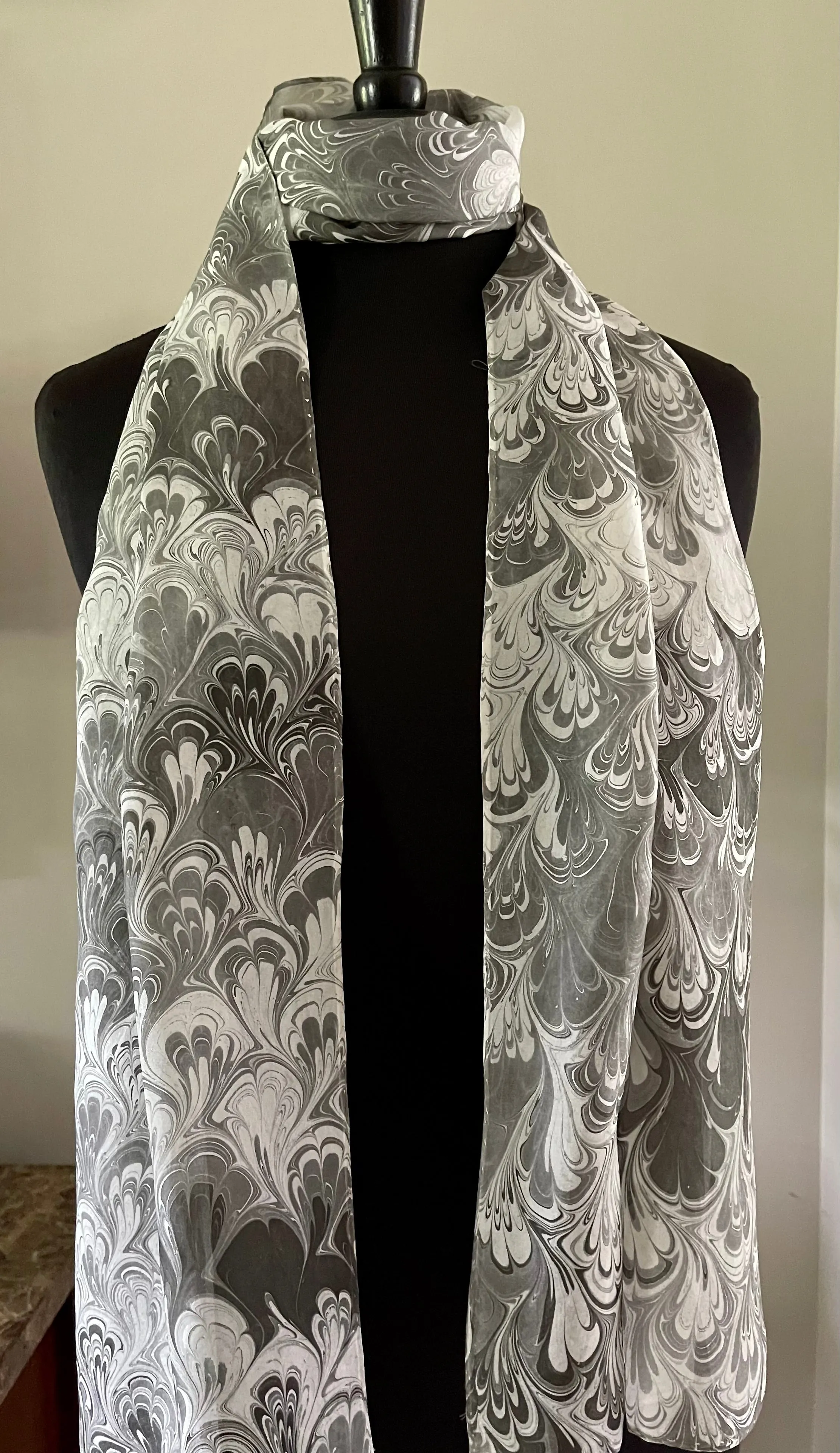 Black gray white bouquet water marbled 8mm Habotai silk.  Hang on the wall, use as a table runner or wear this unique piece