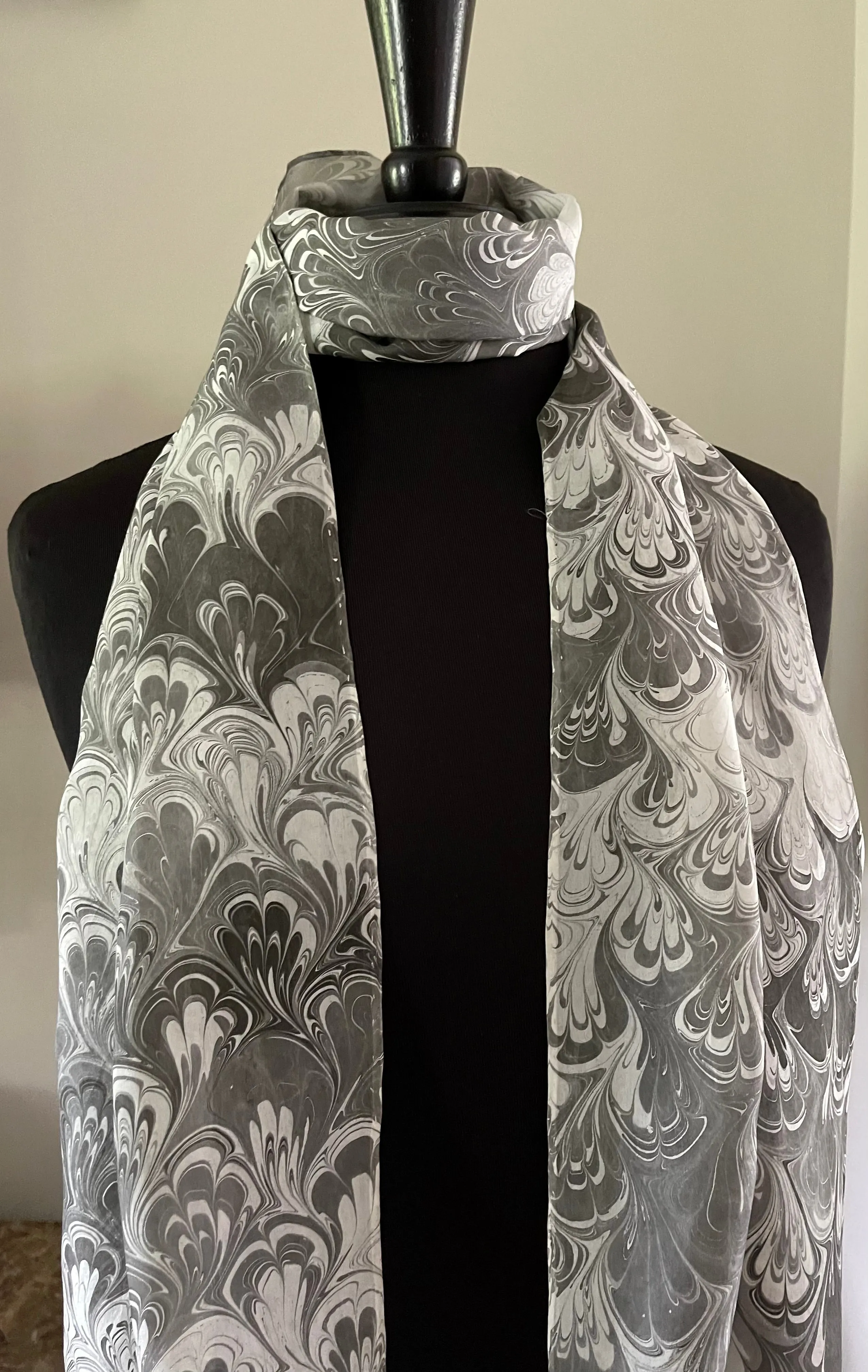 Black gray white bouquet water marbled 8mm Habotai silk.  Hang on the wall, use as a table runner or wear this unique piece