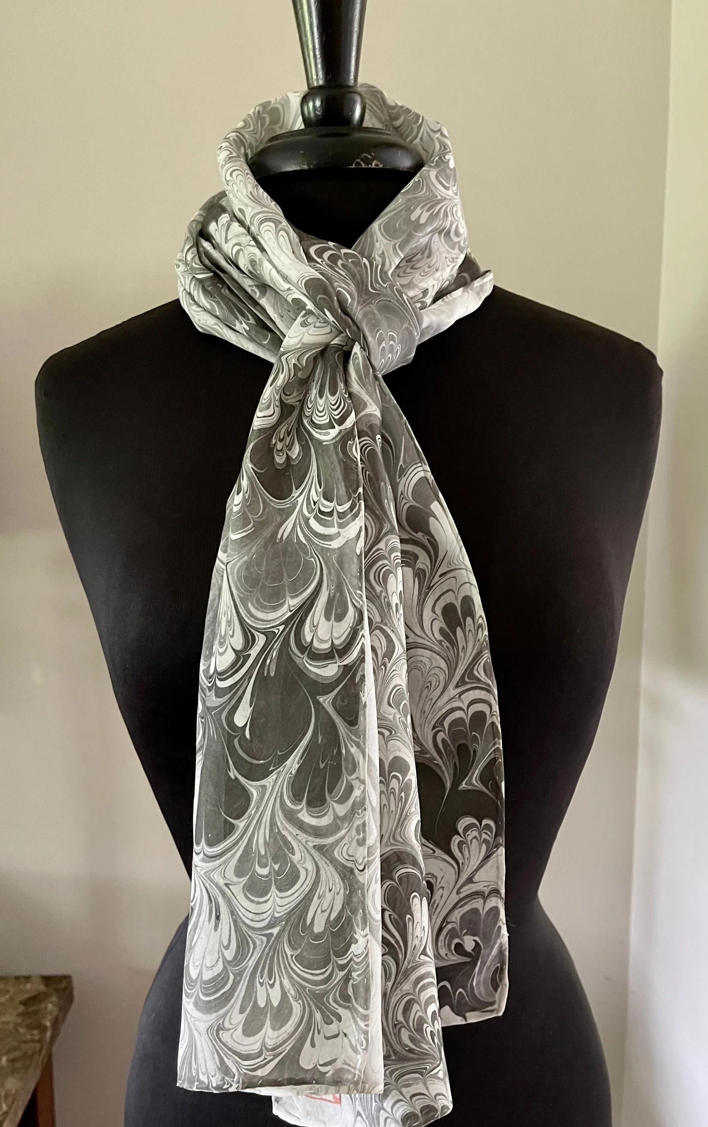 Black gray white bouquet water marbled 8mm Habotai silk.  Hang on the wall, use as a table runner or wear this unique piece