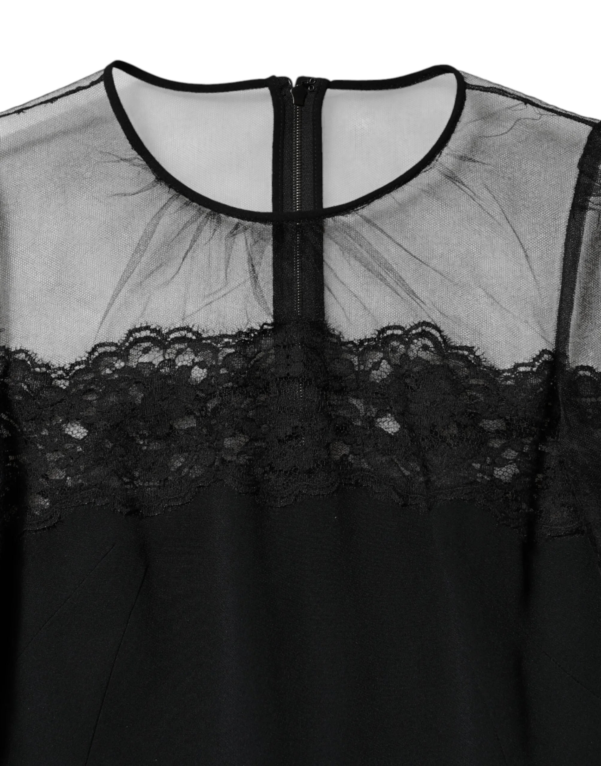 Black Lace Trim Nylon Tulle Sheath Midi Dress