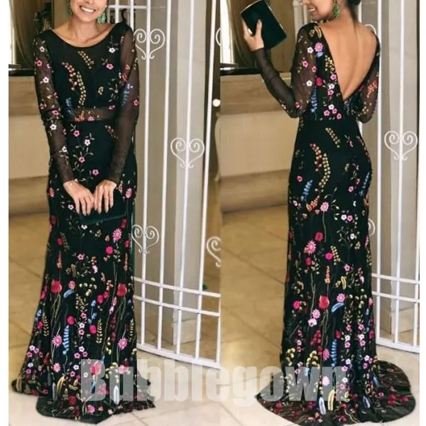 Black Long Sleeves V Back Gorgeous Embroidery Long Evening Prom Dress, BGP047