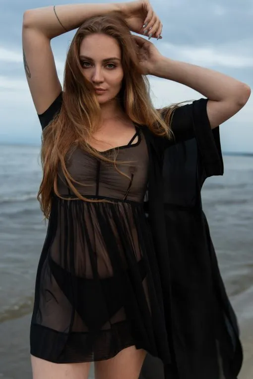 Black Mesh Babydoll Dress with Deep Decollete