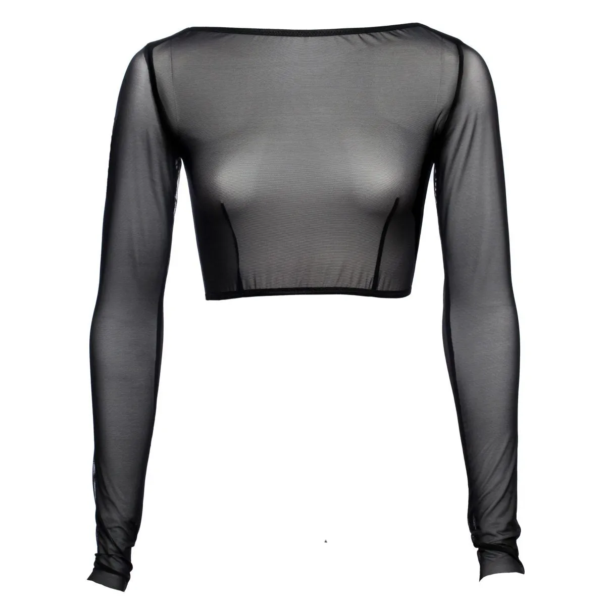 Black Mesh Boat Neck Crop Top With Long Sleeves