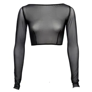 Black Mesh Boat Neck Crop Top With Long Sleeves
