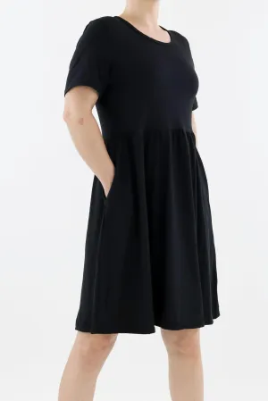 Black - Short Sleeve Skater Dress - Knee Length - Side Pockets