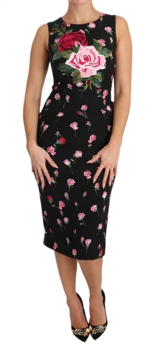 Black Silk Pink Roses Sheath Bodycon Dress
