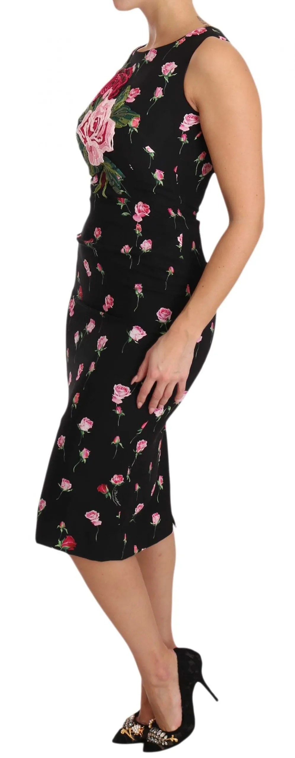 Black Silk Pink Roses Sheath Bodycon Dress