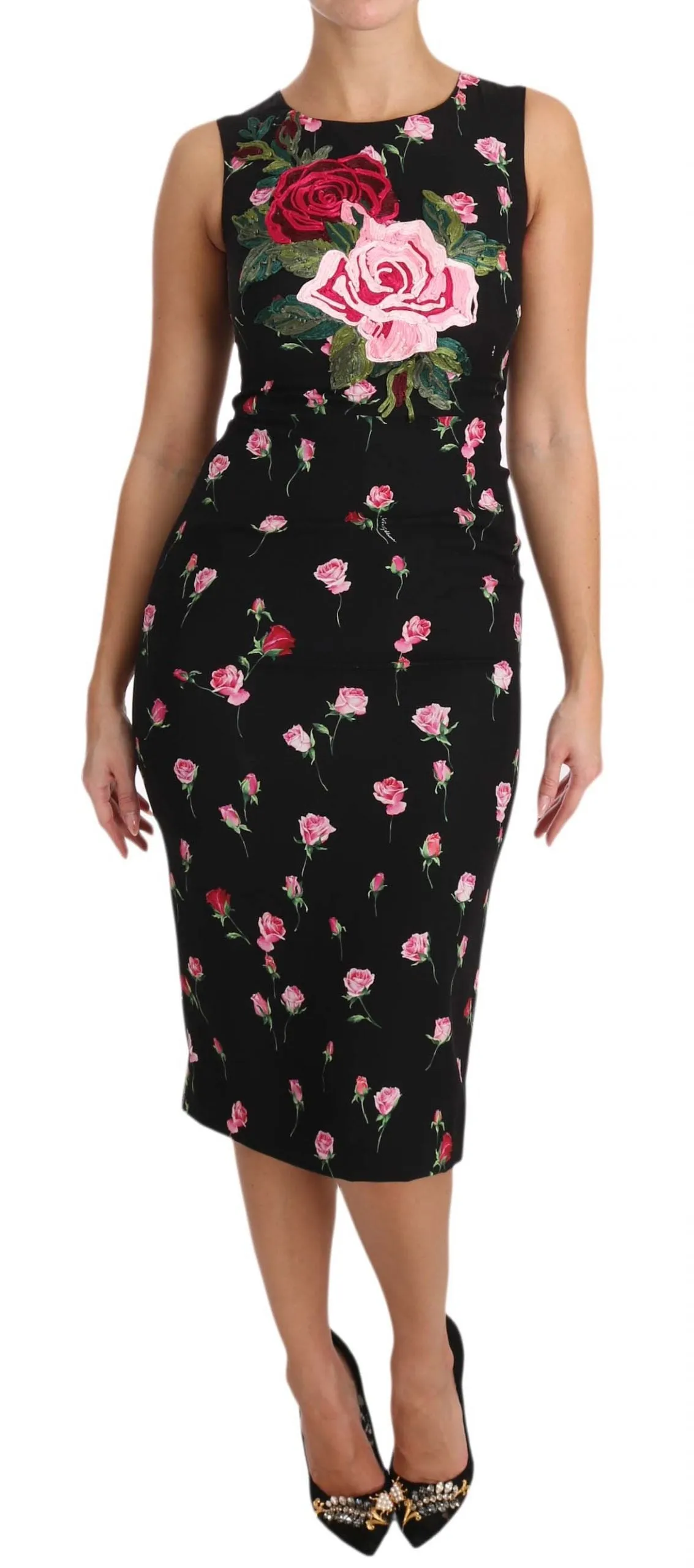 Black Silk Pink Roses Sheath Bodycon Dress
