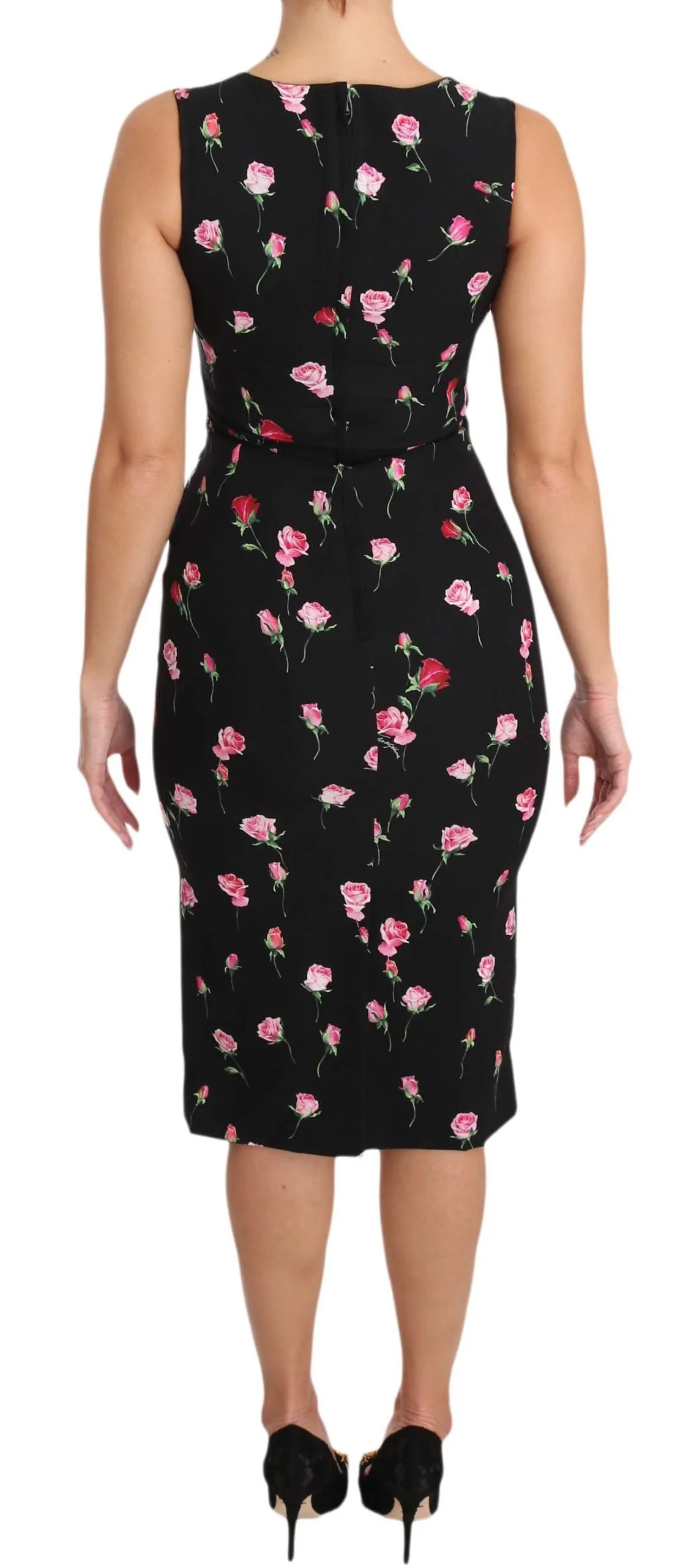 Black Silk Pink Roses Sheath Bodycon Dress