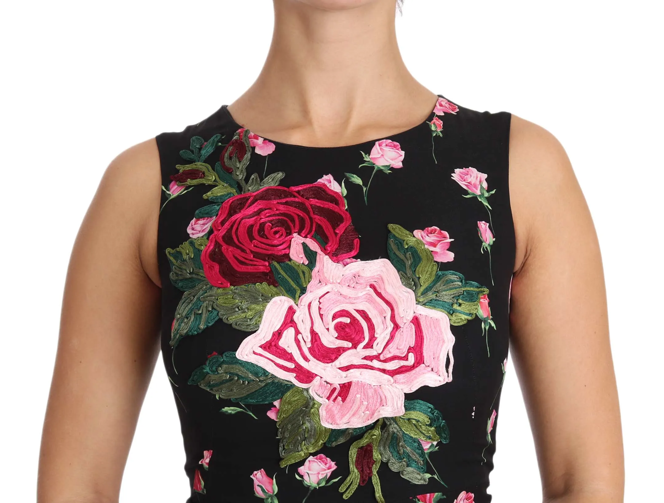 Black Silk Pink Roses Sheath Bodycon Dress