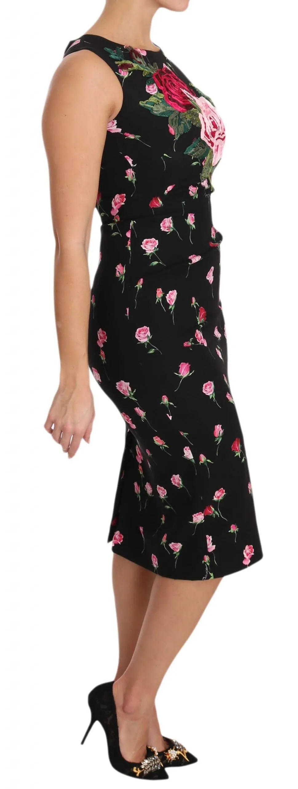 Black Silk Pink Roses Sheath Bodycon Dress
