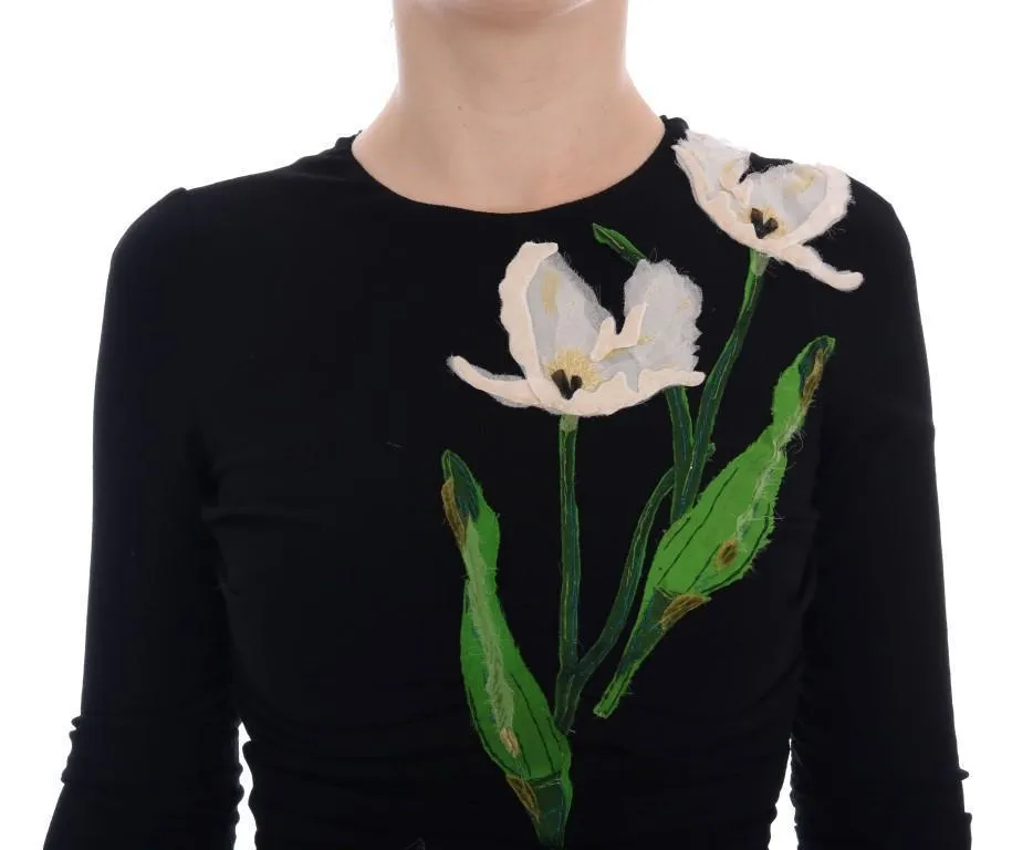 Black Tulip Print Wool Stretch Dress
