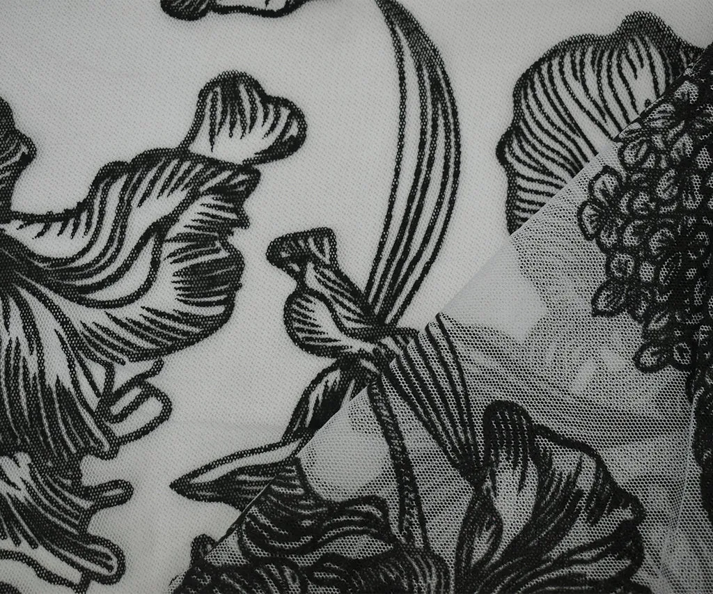 Black-White Nylon Floral Printed Mesh Tulle Knit Fabric