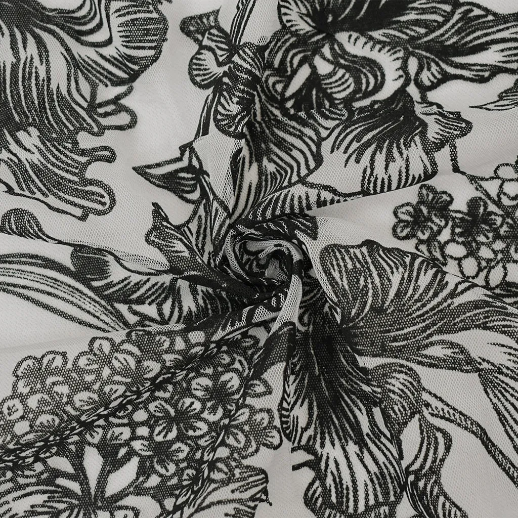 Black-White Nylon Floral Printed Mesh Tulle Knit Fabric