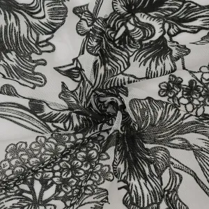 Black-White Nylon Floral Printed Mesh Tulle Knit Fabric