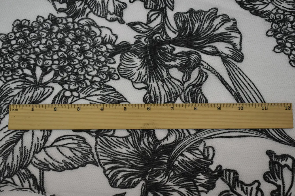 Black-White Nylon Floral Printed Mesh Tulle Knit Fabric