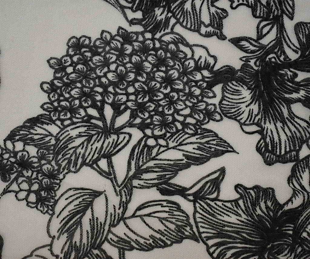 Black-White Nylon Floral Printed Mesh Tulle Knit Fabric