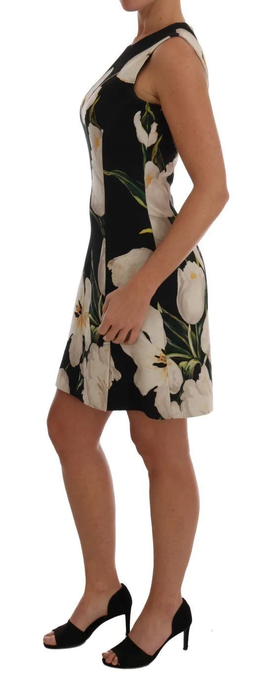 Black White Tulip Print Wool Dress