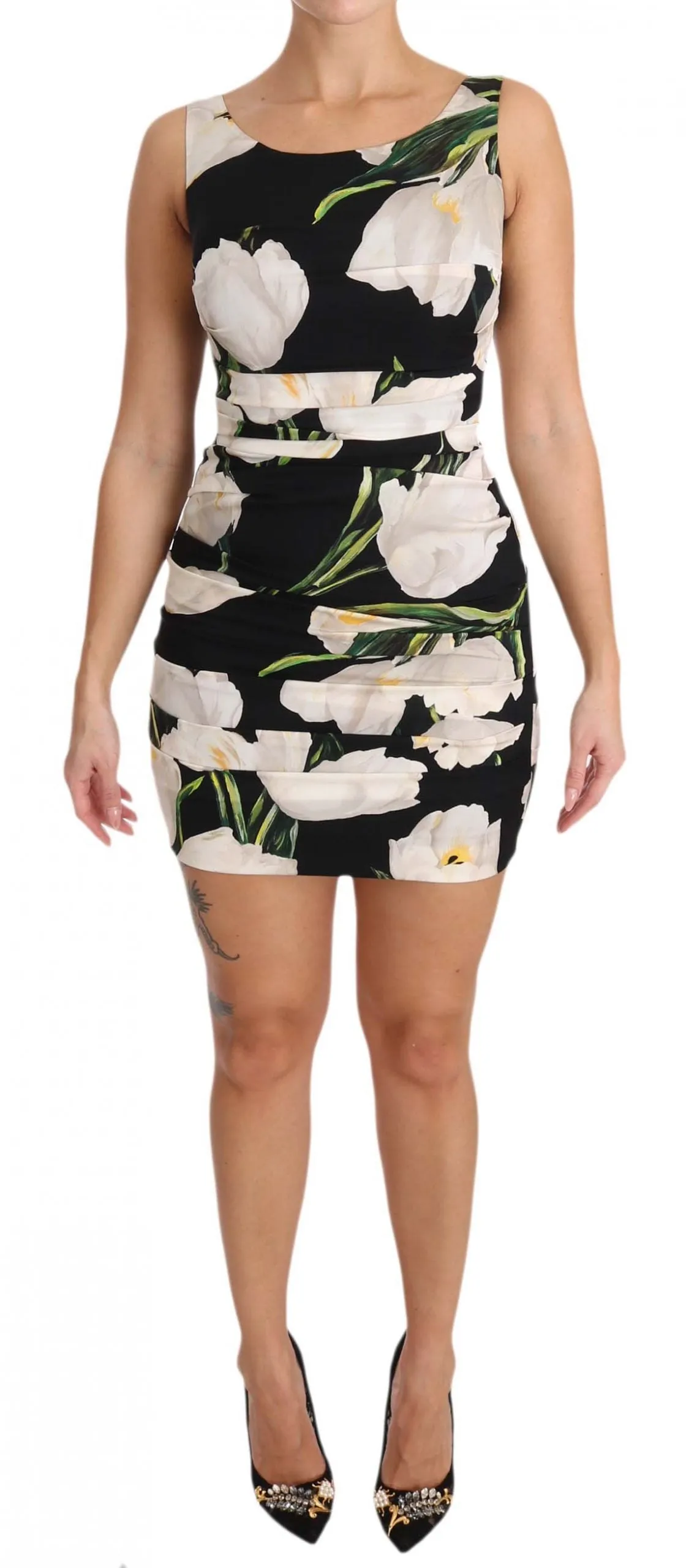 Black White Tulip Silk Stretch Dress