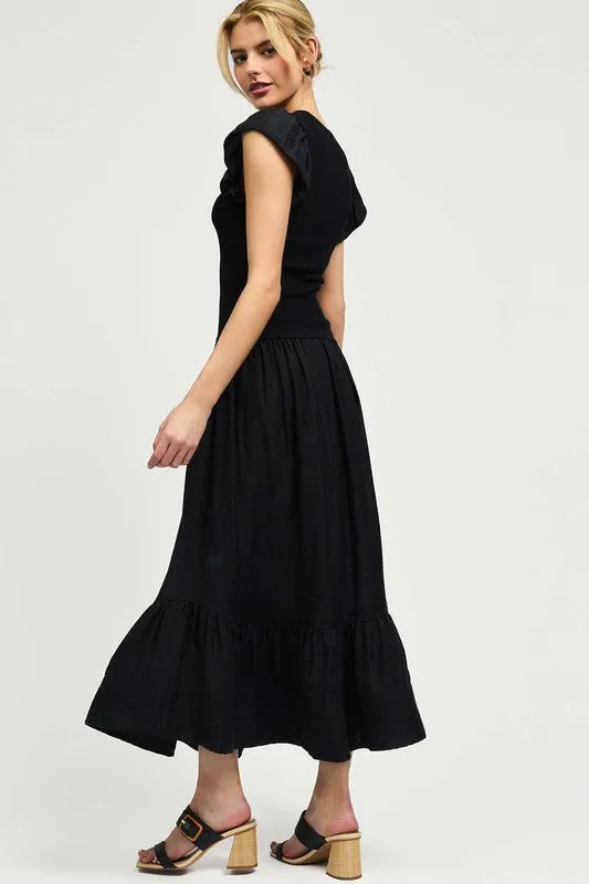 Black Woven Combo Ruffled Sleeve Dress