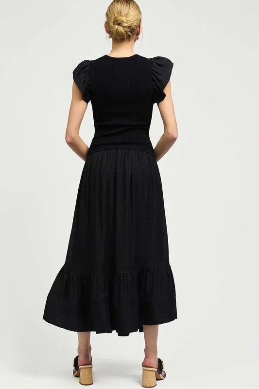 Black Woven Combo Ruffled Sleeve Dress