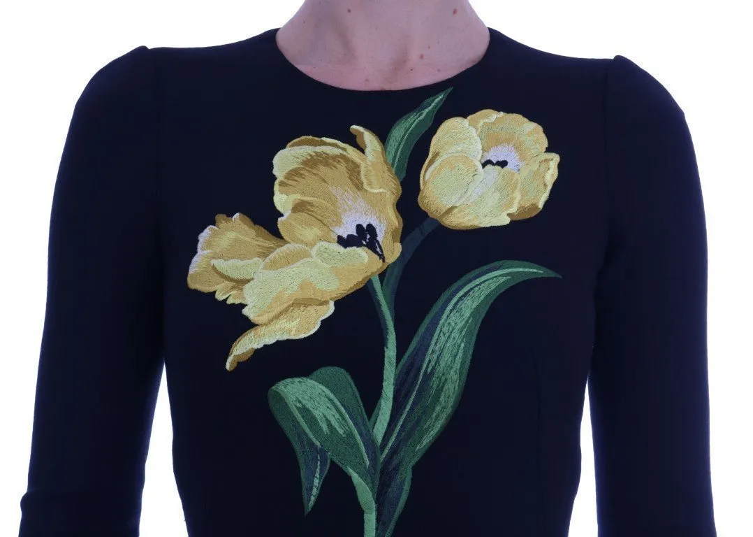 Black Yellow Tulip Wool Crêpe Sheath Dress