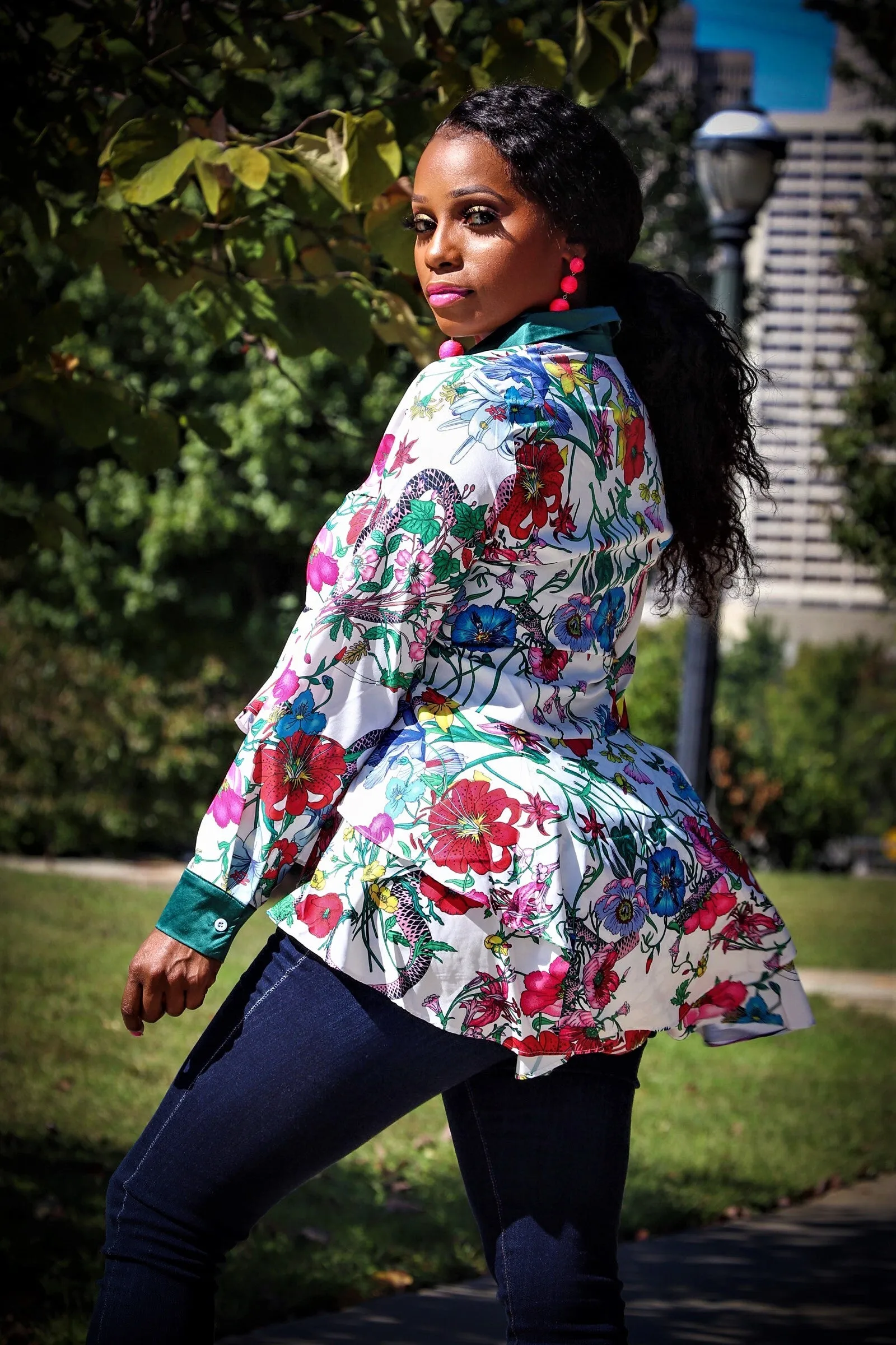 Blossom White Multi Color Floral Print Button Down Long Sleeve Top