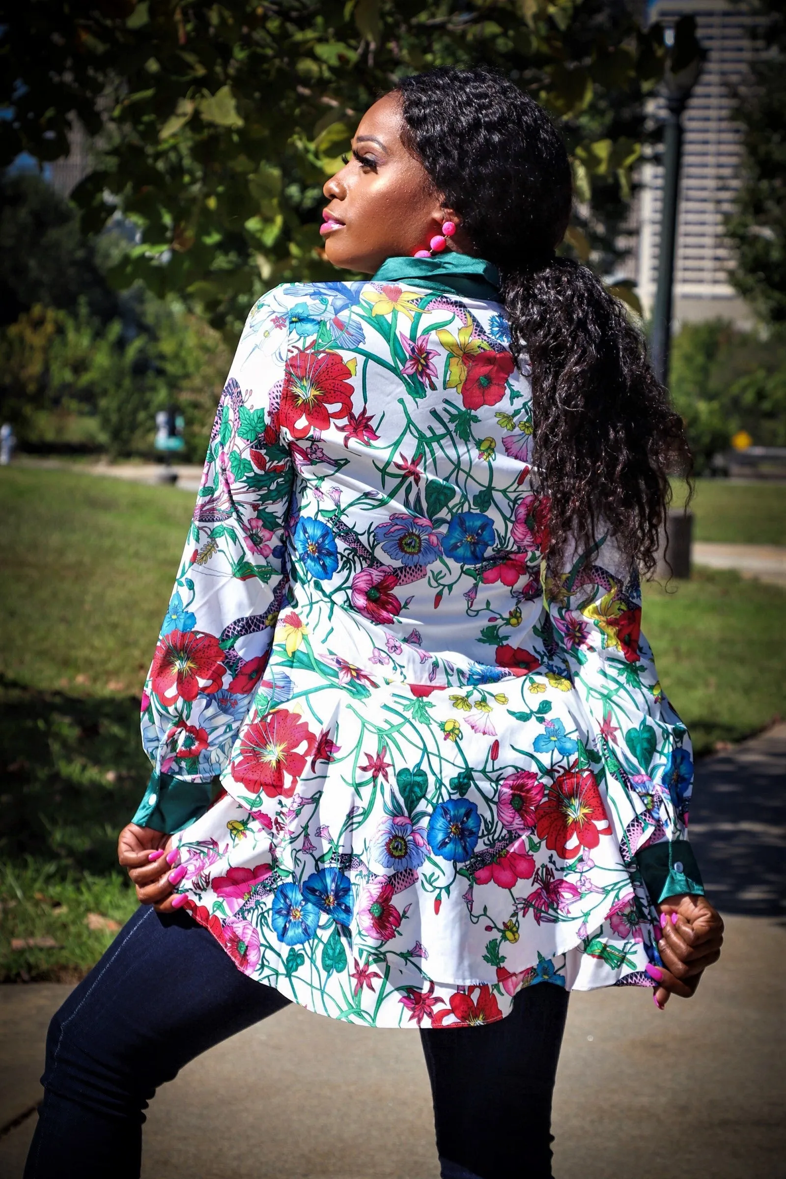 Blossom White Multi Color Floral Print Button Down Long Sleeve Top