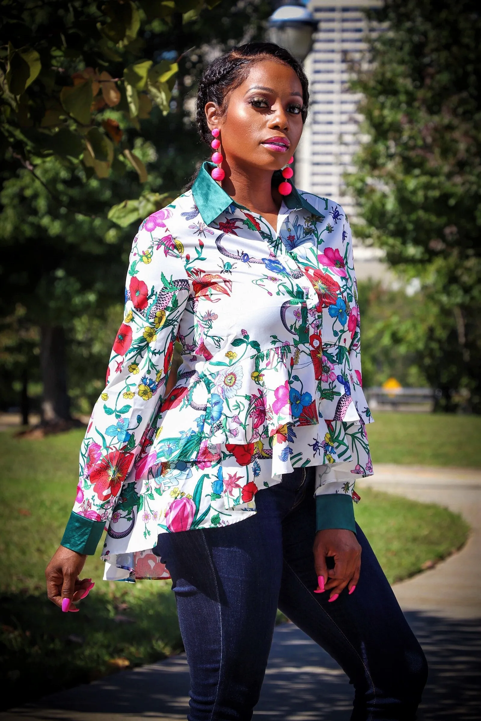 Blossom White Multi Color Floral Print Button Down Long Sleeve Top