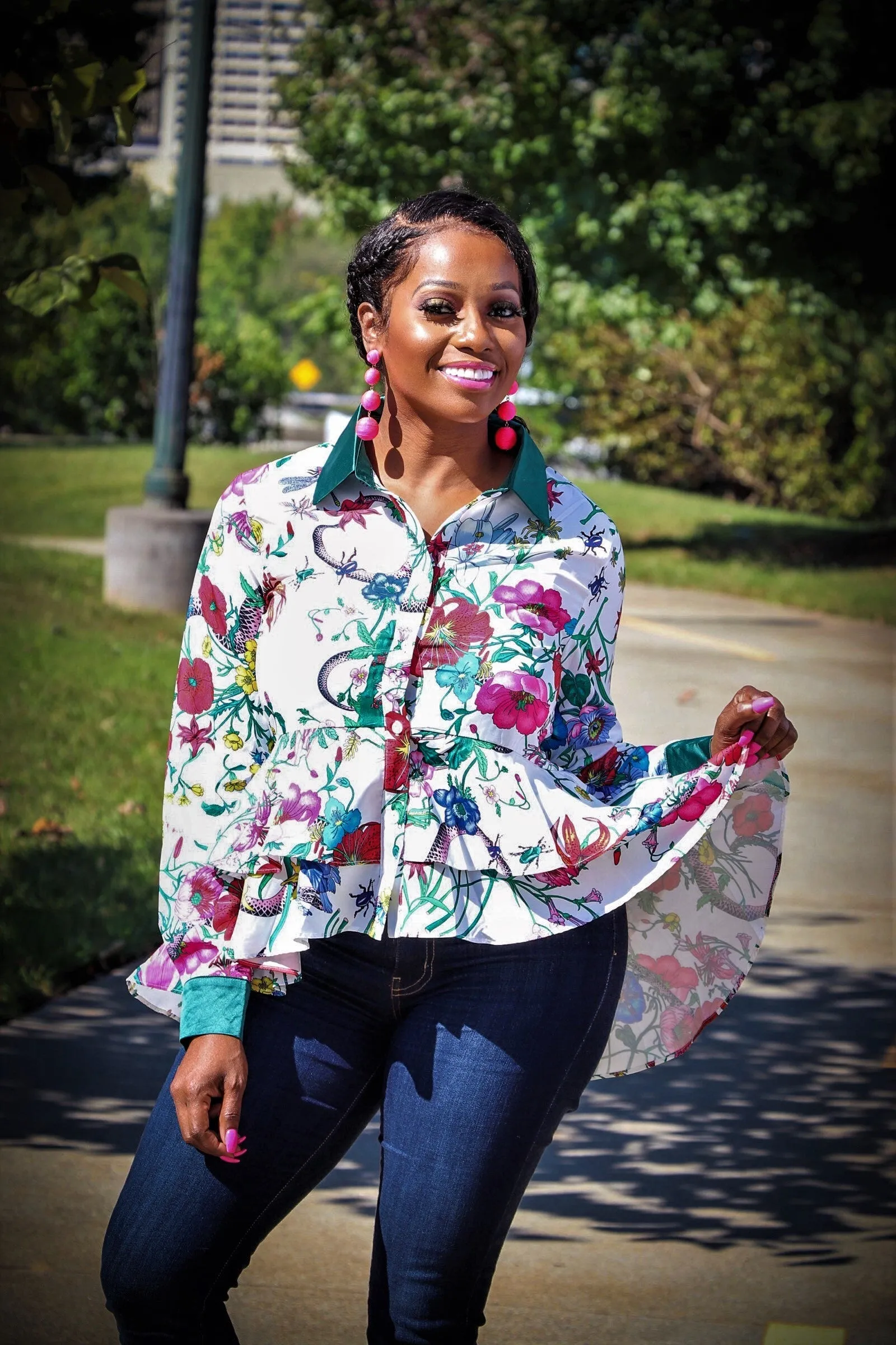 Blossom White Multi Color Floral Print Button Down Long Sleeve Top