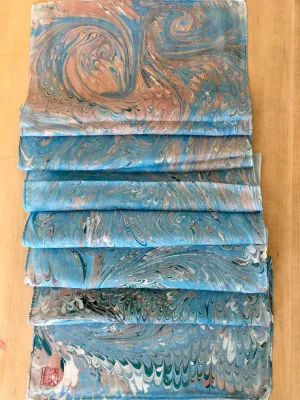 Blue Beige Combed Swirl Patterned Habotai Silk 14x72"