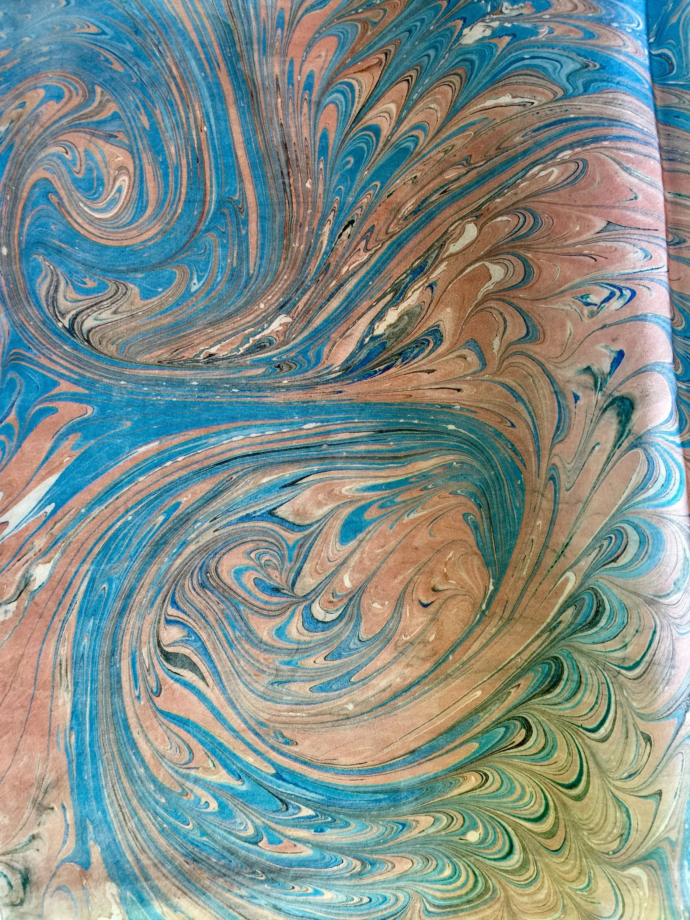 Blue Beige Combed Swirl Patterned Habotai Silk 14x72"