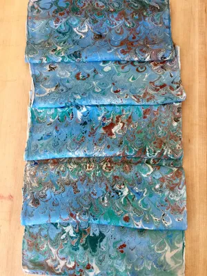Blue Brown Bouquet Patterned Habotai Silk 14x72"