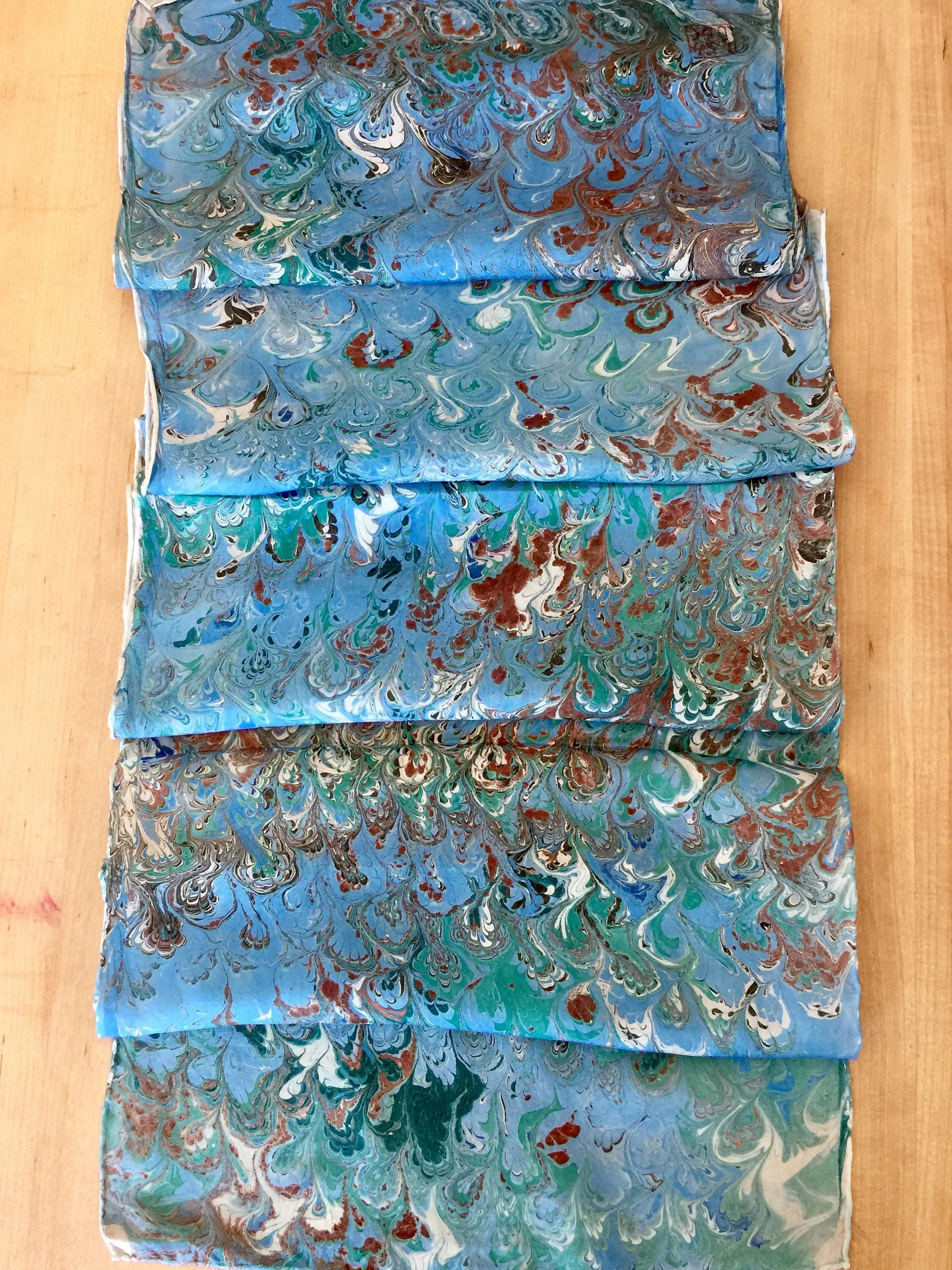 Blue Brown Bouquet Patterned Habotai Silk 14x72"