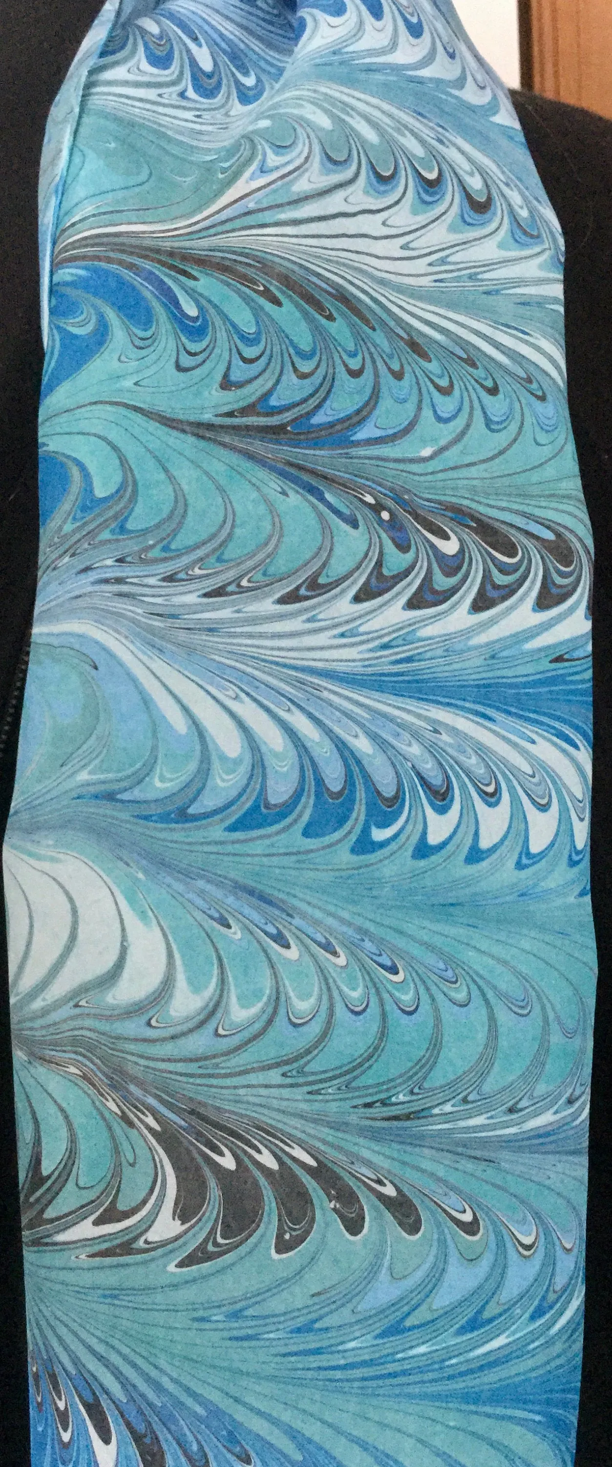 Blue feather  water marbled 8mm Habotai silk.  Hang on the wall, use as a table runner or wear this unique piece