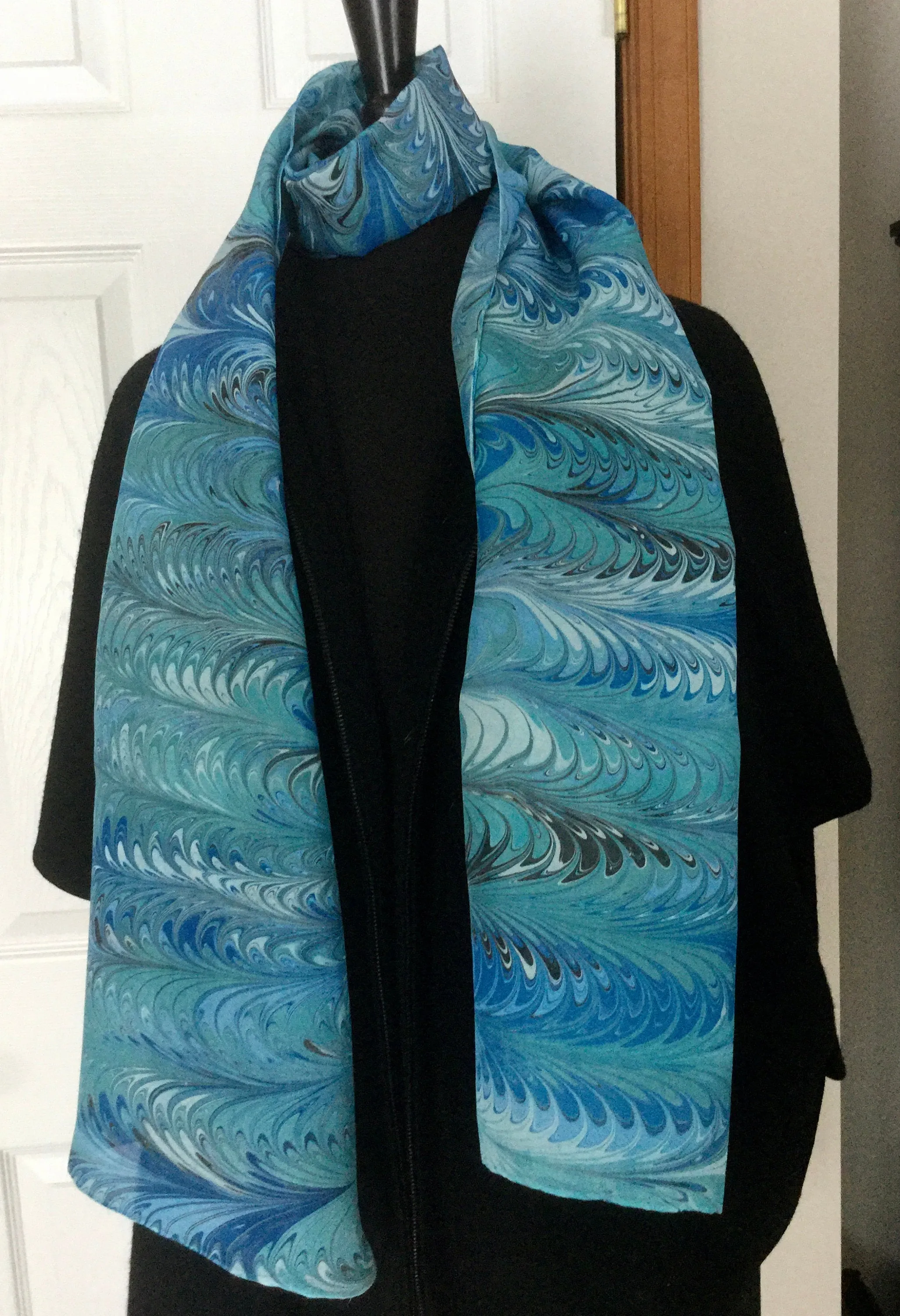 Blue feather  water marbled 8mm Habotai silk.  Hang on the wall, use as a table runner or wear this unique piece