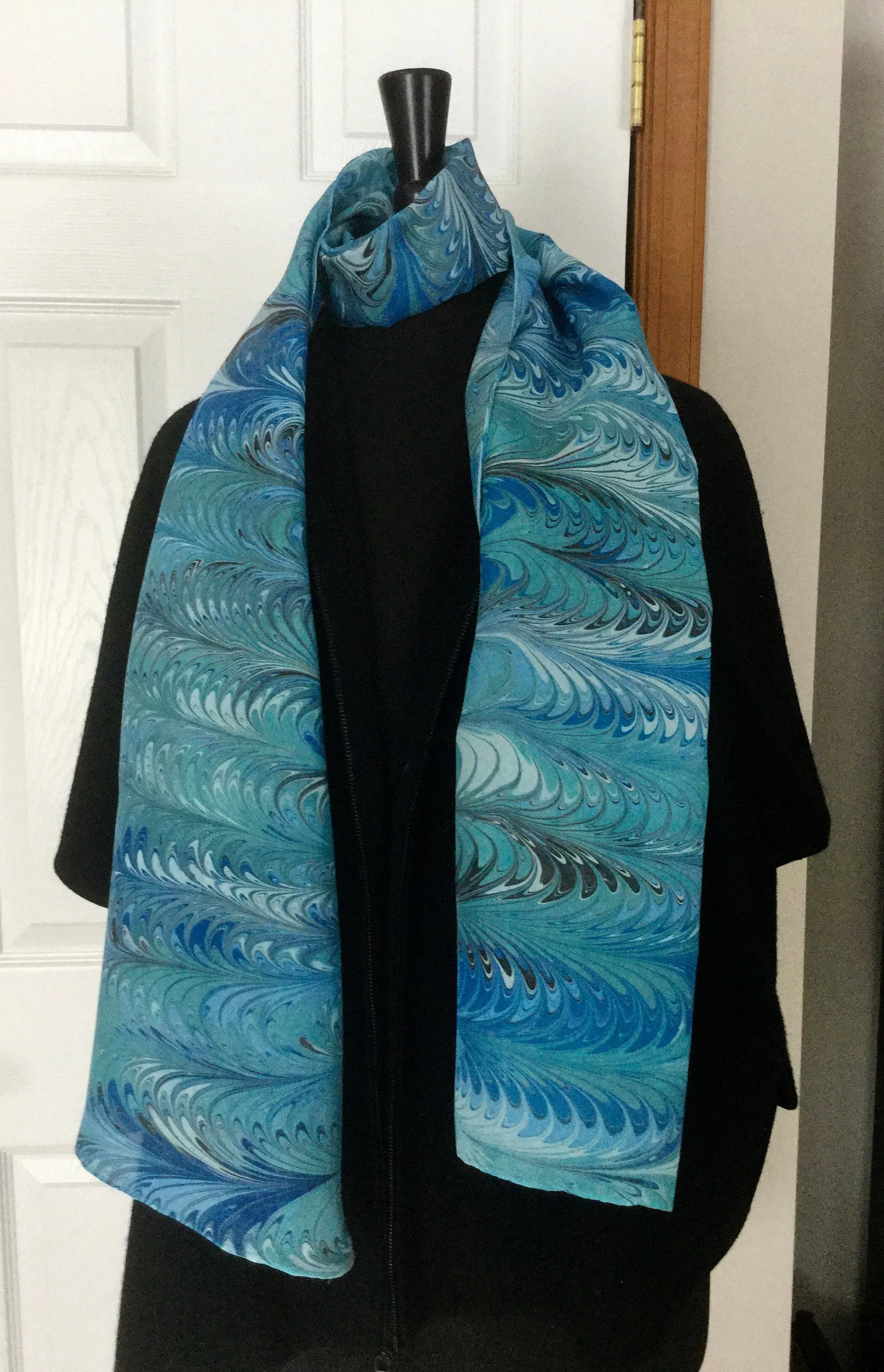 Blue feather  water marbled 8mm Habotai silk.  Hang on the wall, use as a table runner or wear this unique piece