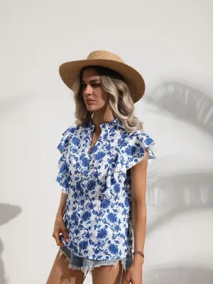 Blue Printed Top With Ruffle Sleeve