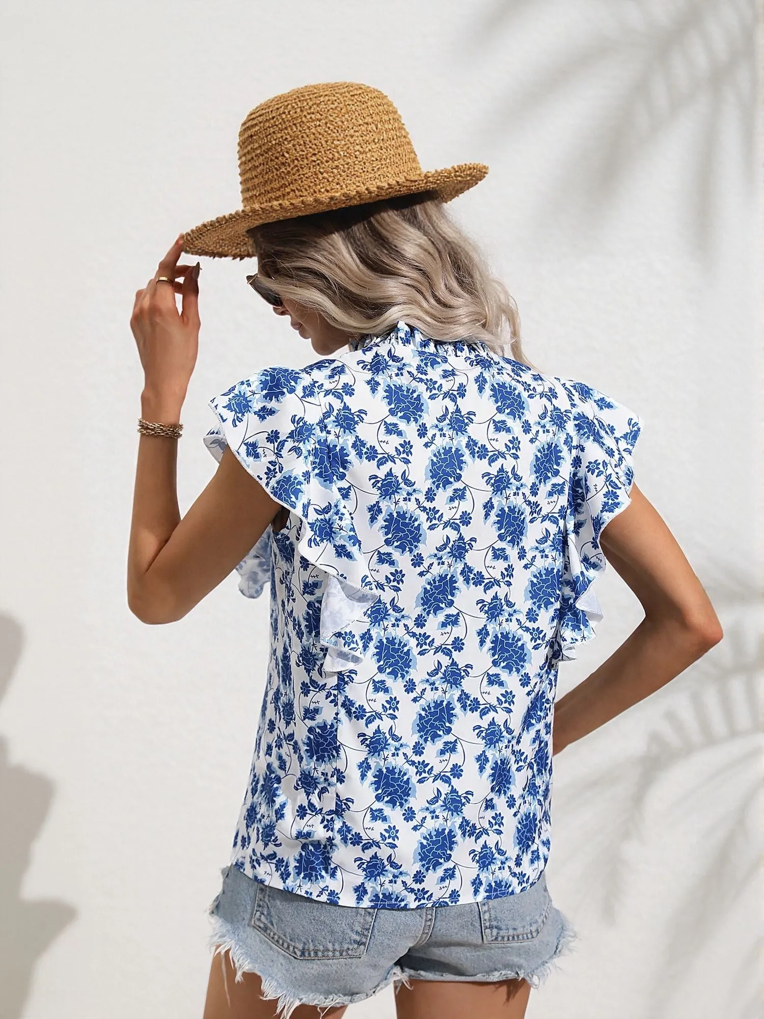 Blue Printed Top With Ruffle Sleeve