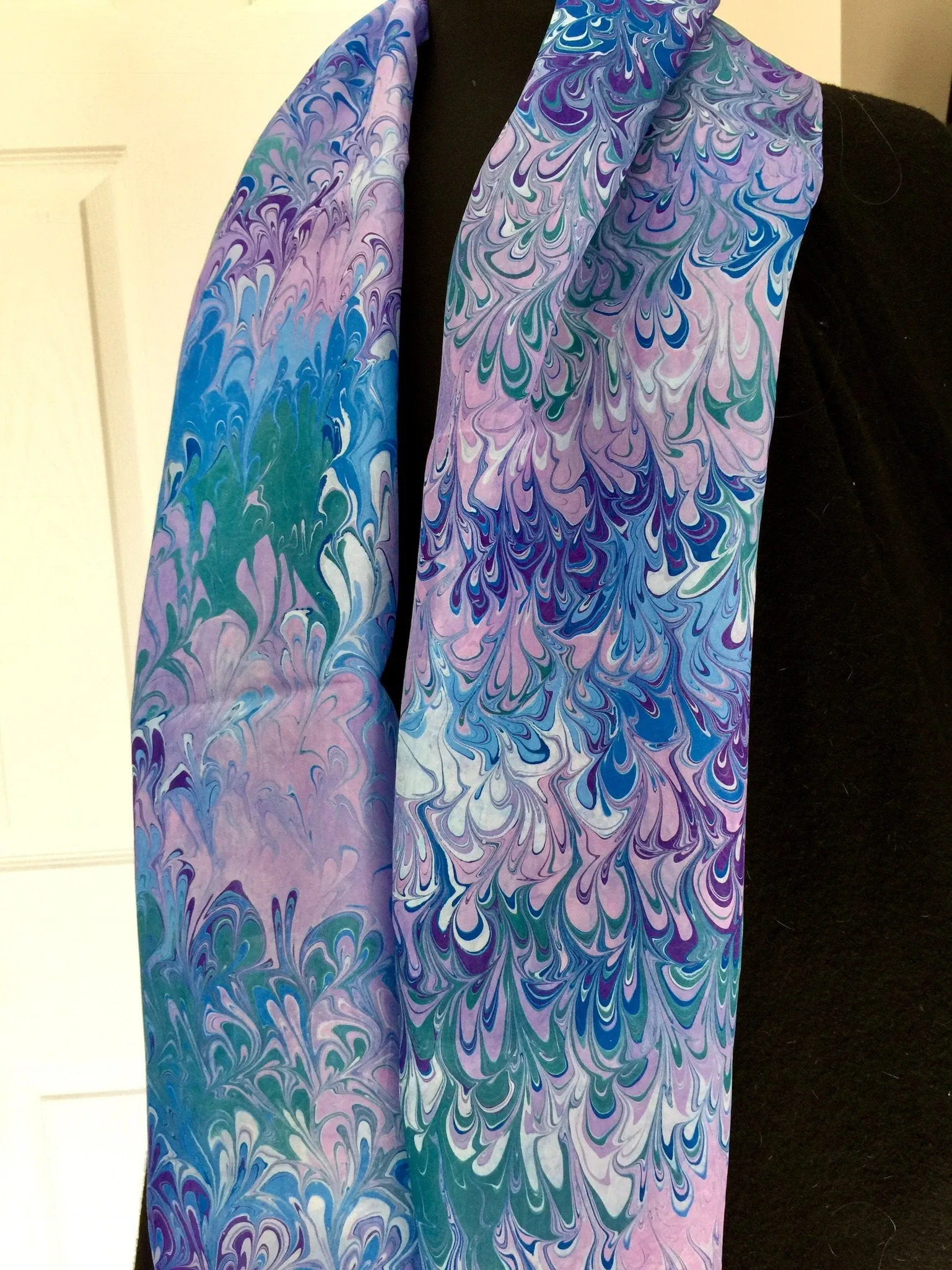 Blue purple teal bouquet  water marbled 8mm Habotai silk.  Hang on the wall, use as a table runner or wear this unique piece