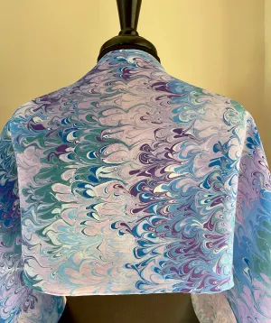 Blue purple teal bouquet  water marbled 8mm Habotai silk.  Hang on the wall, use as a table runner or wear this unique piece