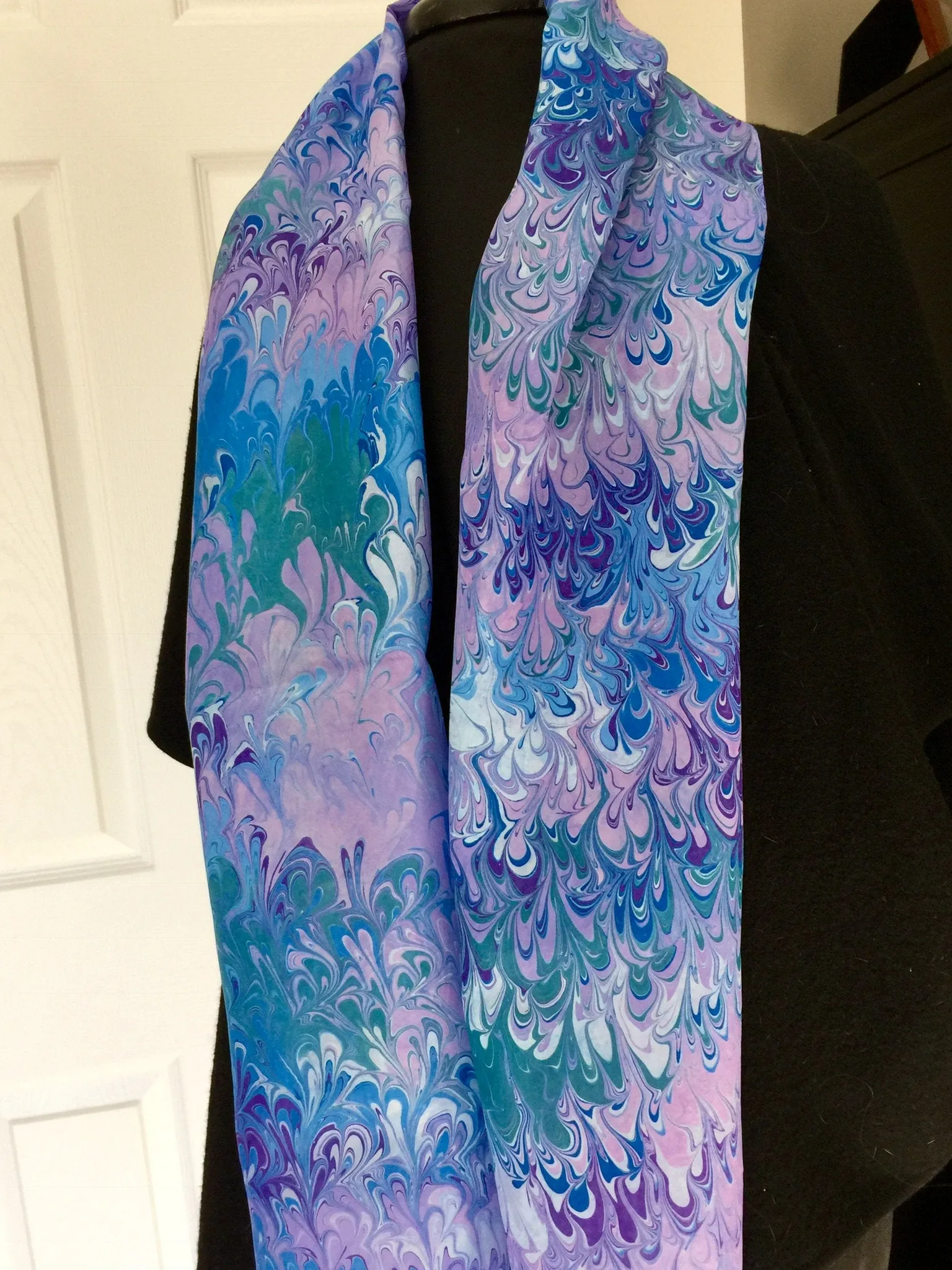Blue purple teal bouquet  water marbled 8mm Habotai silk.  Hang on the wall, use as a table runner or wear this unique piece