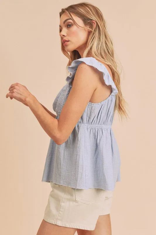 Blue Sweetheart Neck Ruffled Strap Top