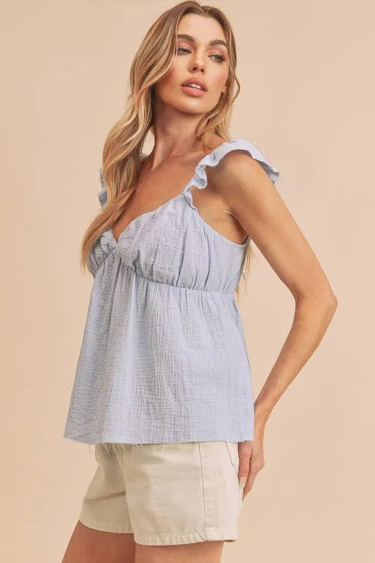 Blue Sweetheart Neck Ruffled Strap Top